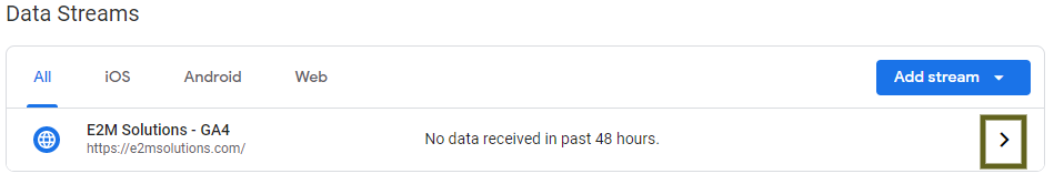 Data Streams Screen in GA 4 Admin console