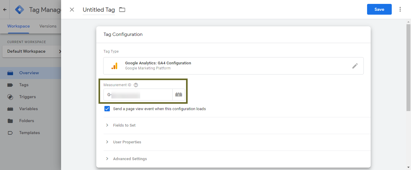 Google Tag Manager >> Tag Configuration >> GA4 'Measurement ID'